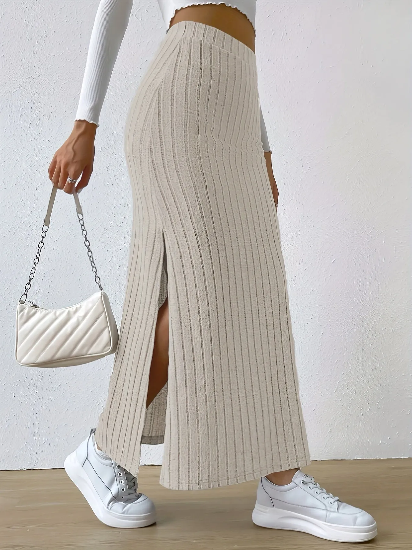 Versatile All-Season Ribbed Knit Skirt - Sexy Slit Hem, Solid Color, Mid Elasticity for a Perfect, Easy-Care Fit