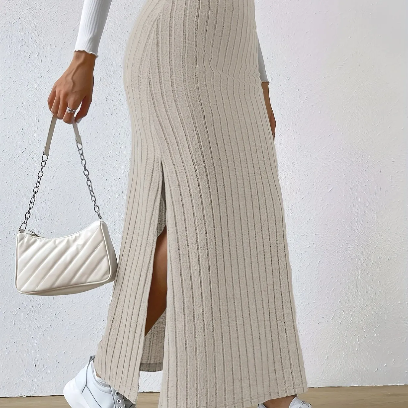 Versatile All-Season Ribbed Knit Skirt - Sexy Slit Hem, Solid Color, Mid Elasticity for a Perfect, Easy-Care Fit