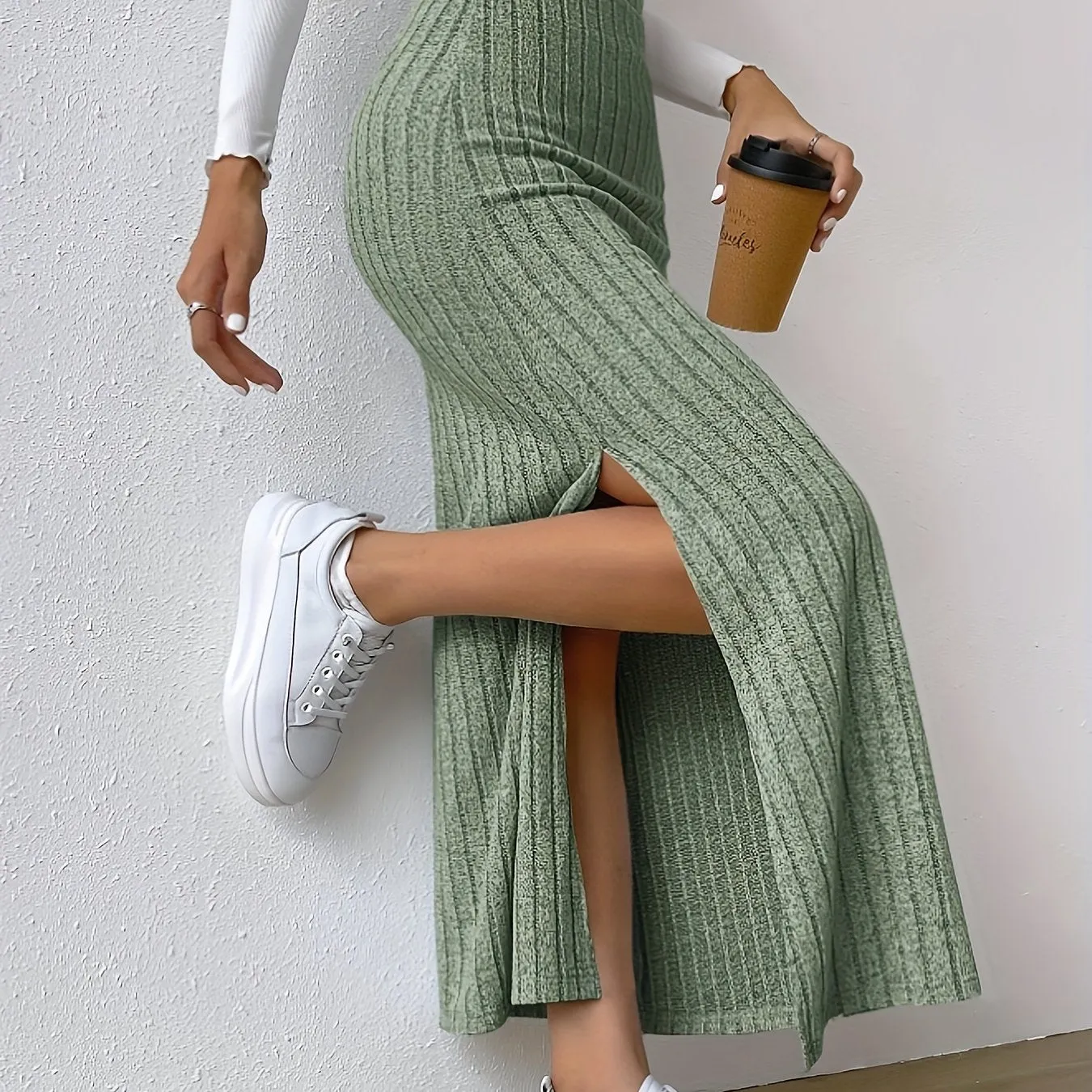 Versatile All-Season Ribbed Knit Skirt - Sexy Slit Hem, Solid Color, Mid Elasticity for a Perfect, Easy-Care Fit