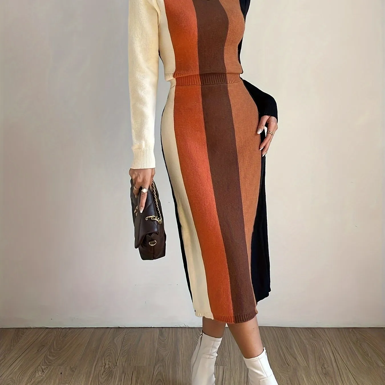 Vibrant Color Block Turtle Neck Knit Dress - Soft, Elegant, Simple, Long Sleeve, Slim Fit, Midi Length, Perfect for Spring & Fall - Women's Clothing for Everyday Wear