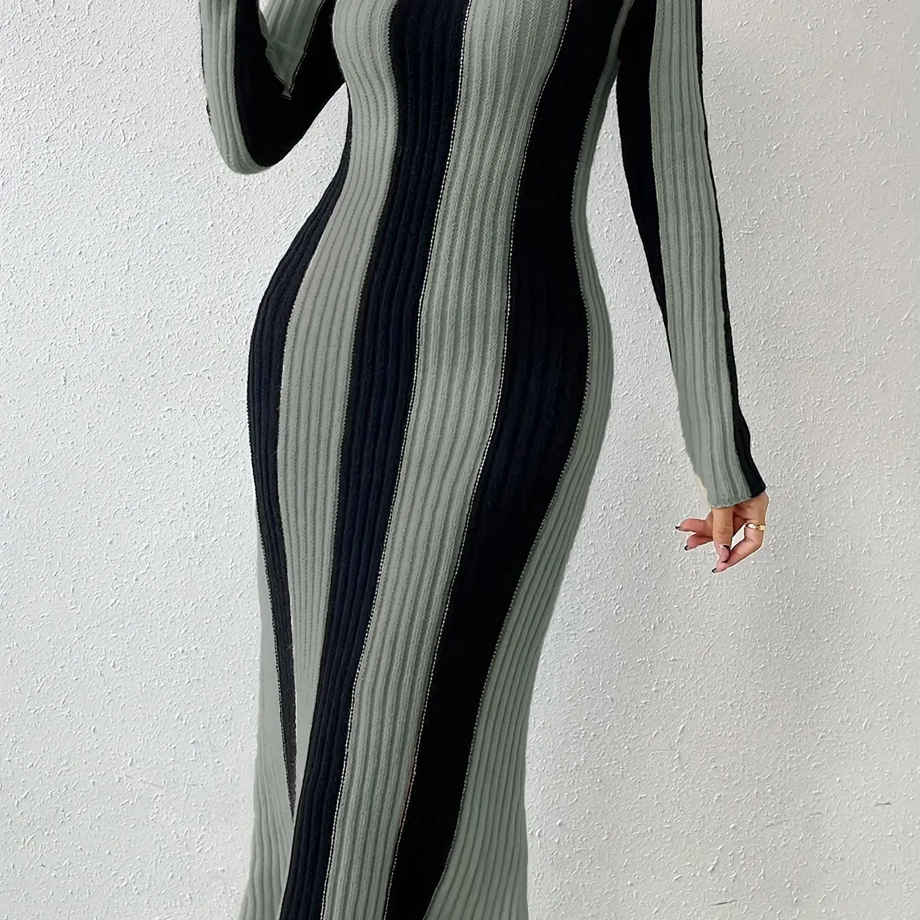 Vibrant Striped V-Neck Midi Dress - Elegant Long Sleeve, Bodycon Sheath Design, Comfortable Spring & Fall Essential, Women's Formal Clothing for Work, Date Night or Special Occasions