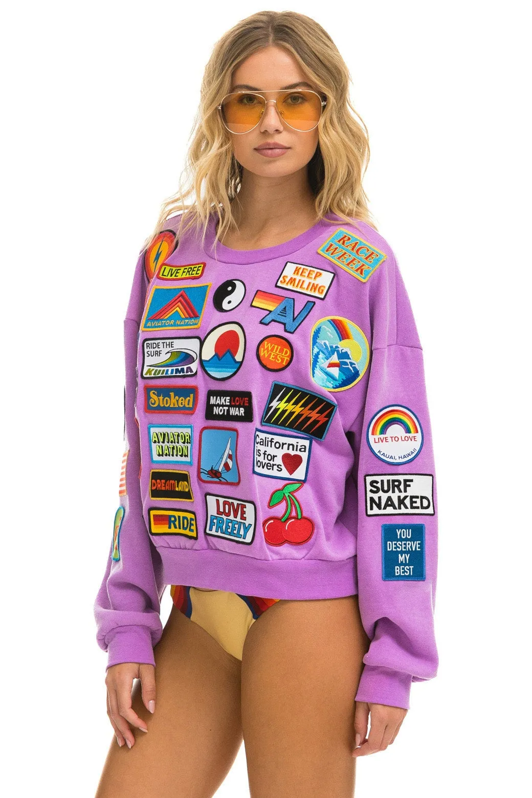 VINTAGE PATCH RELAXED CREW SWEATSHIRT - NEON PURPLE