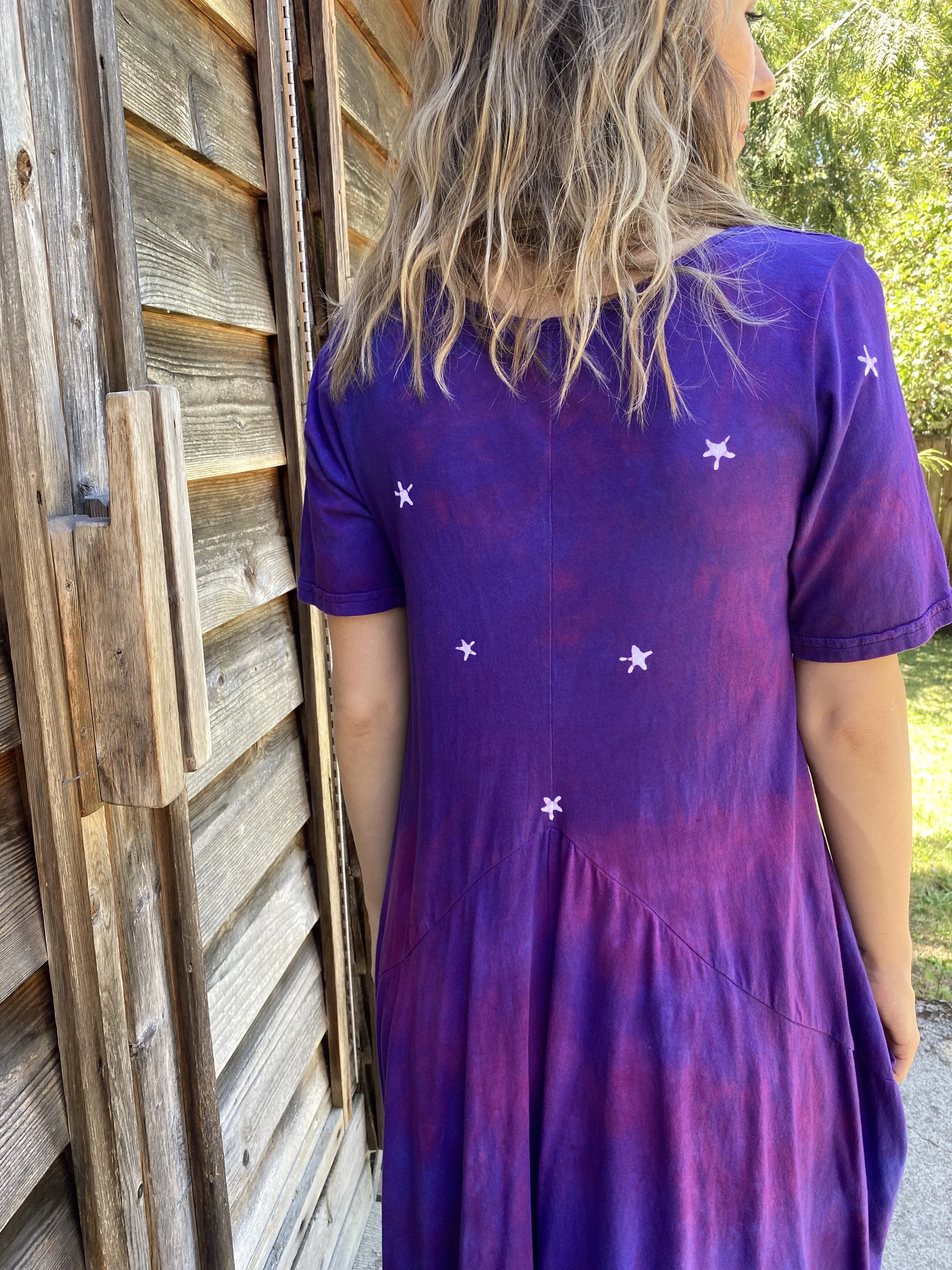 Violets and Tree - Short Sleeve Batik Dress in Magenta