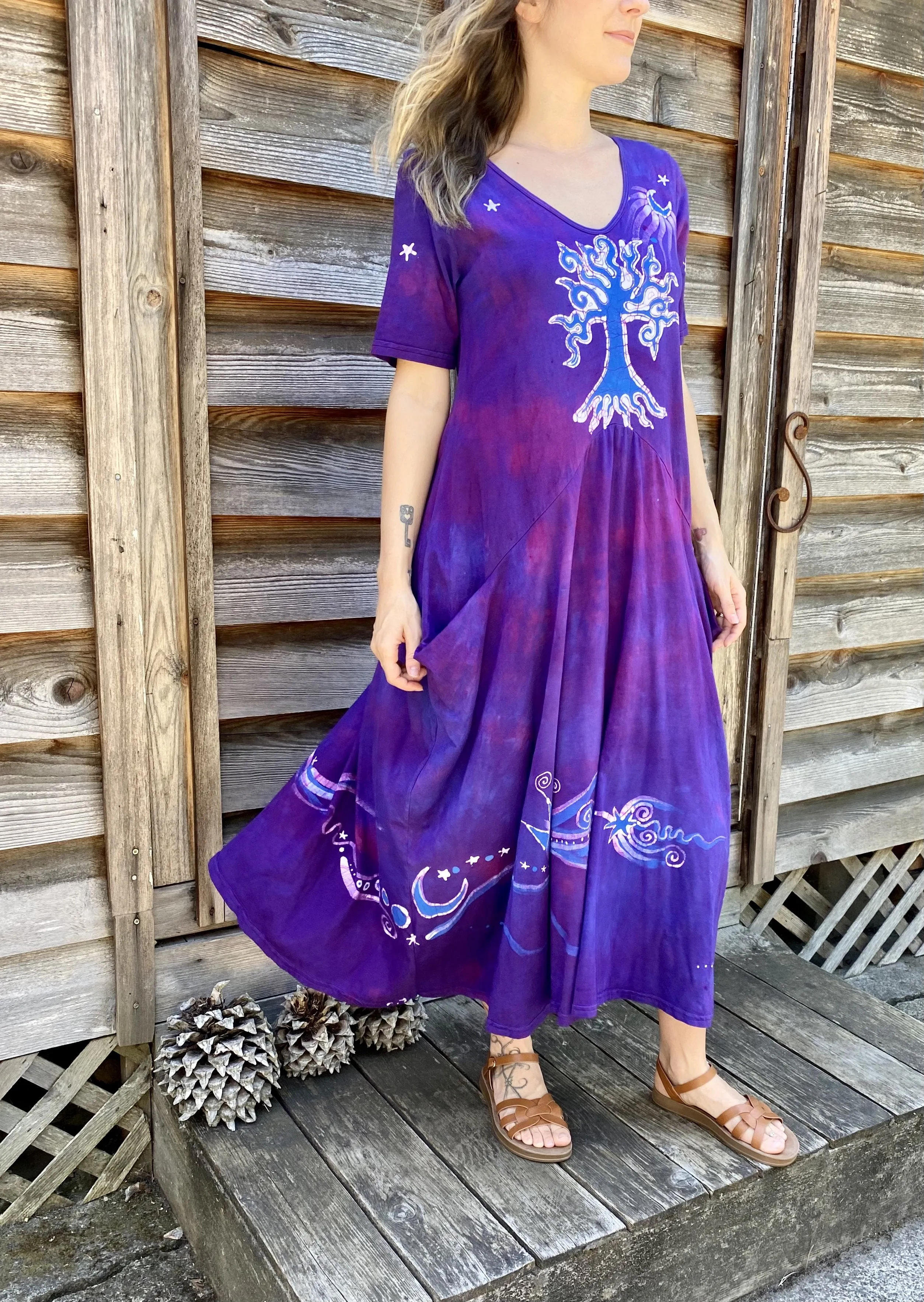 Violets and Tree - Short Sleeve Batik Dress in Magenta