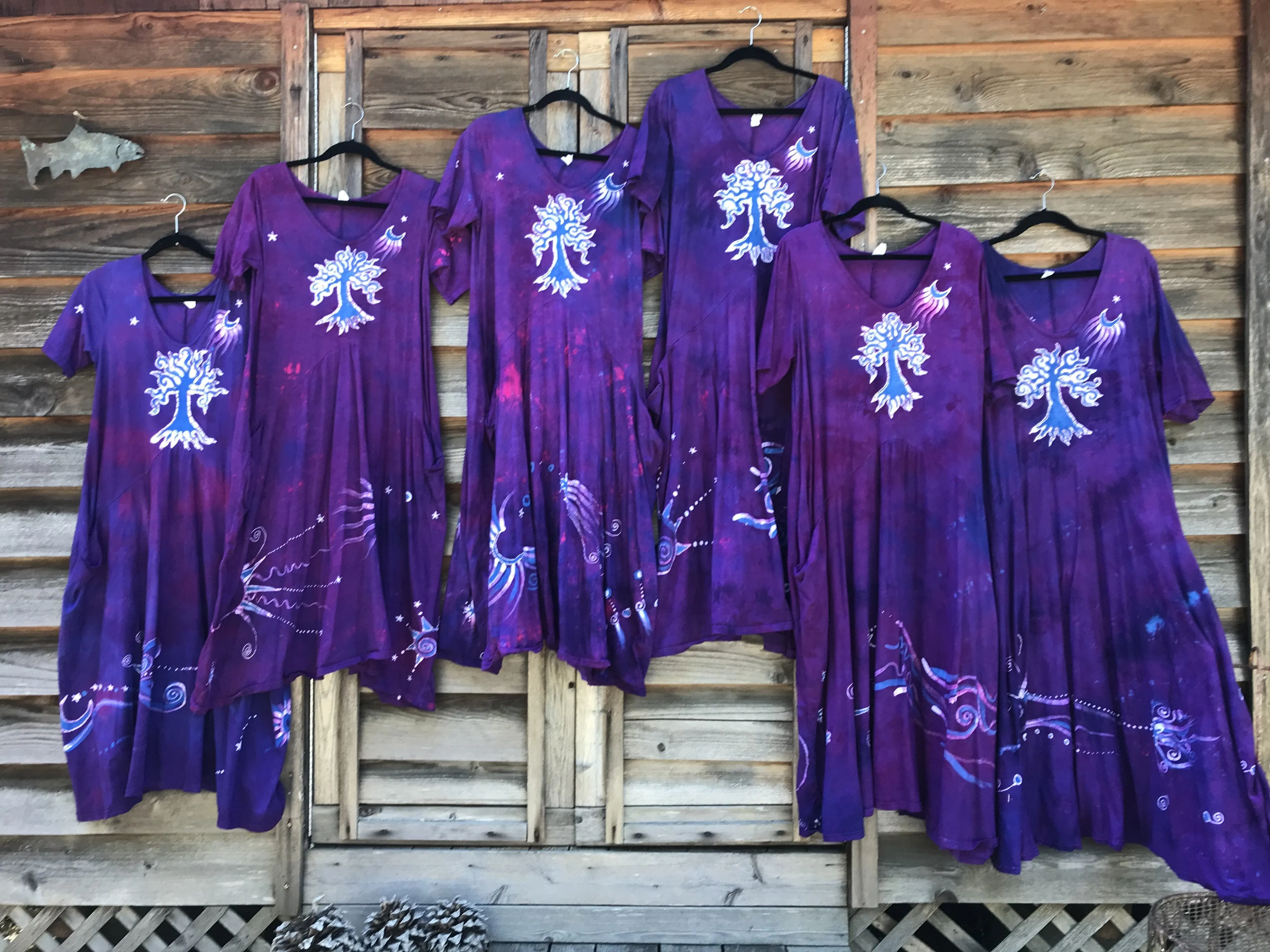 Violets and Tree - Short Sleeve Batik Dress in Magenta