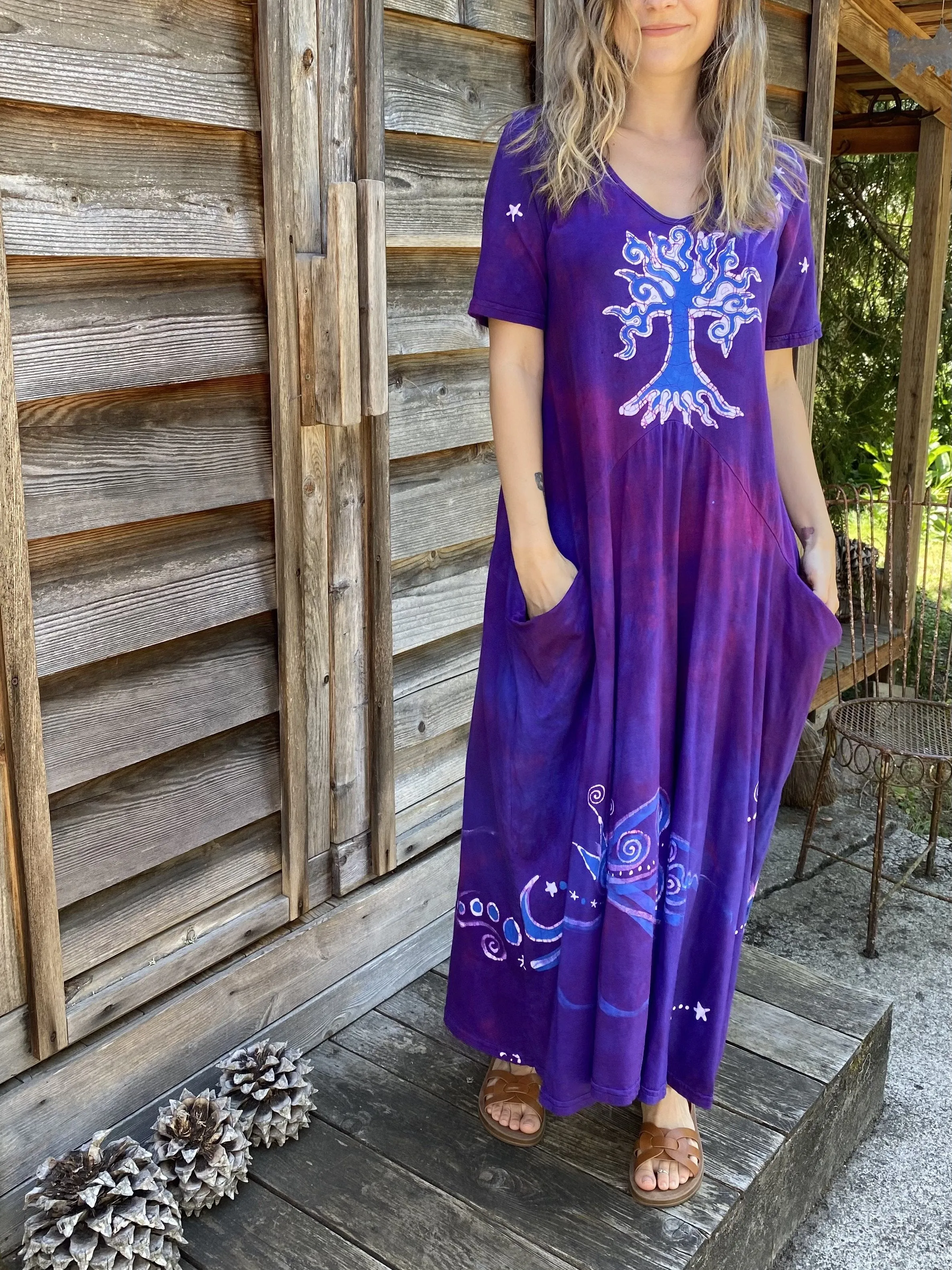 Violets and Tree - Short Sleeve Batik Dress in Magenta