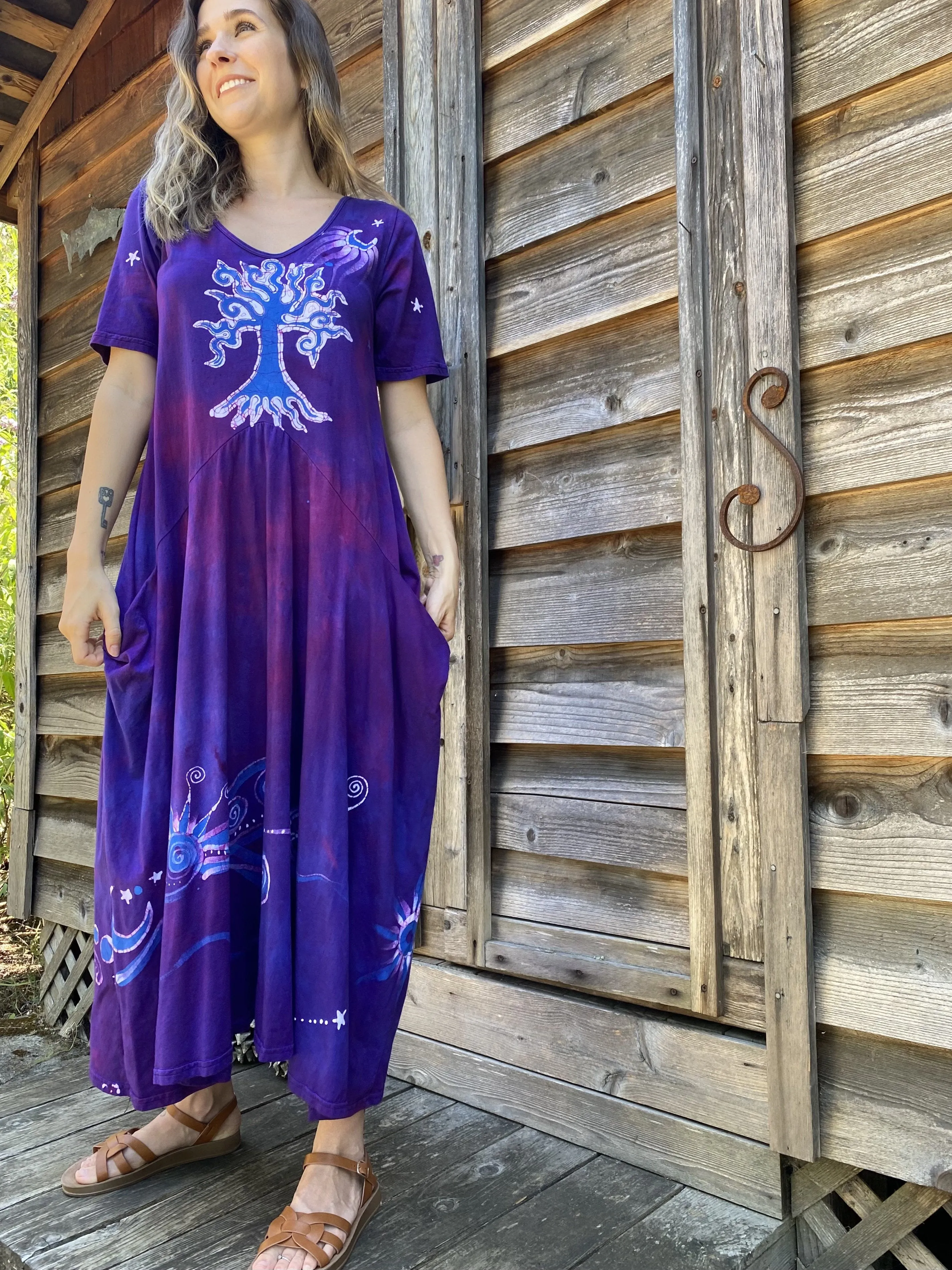 Violets and Tree - Short Sleeve Batik Dress in Magenta