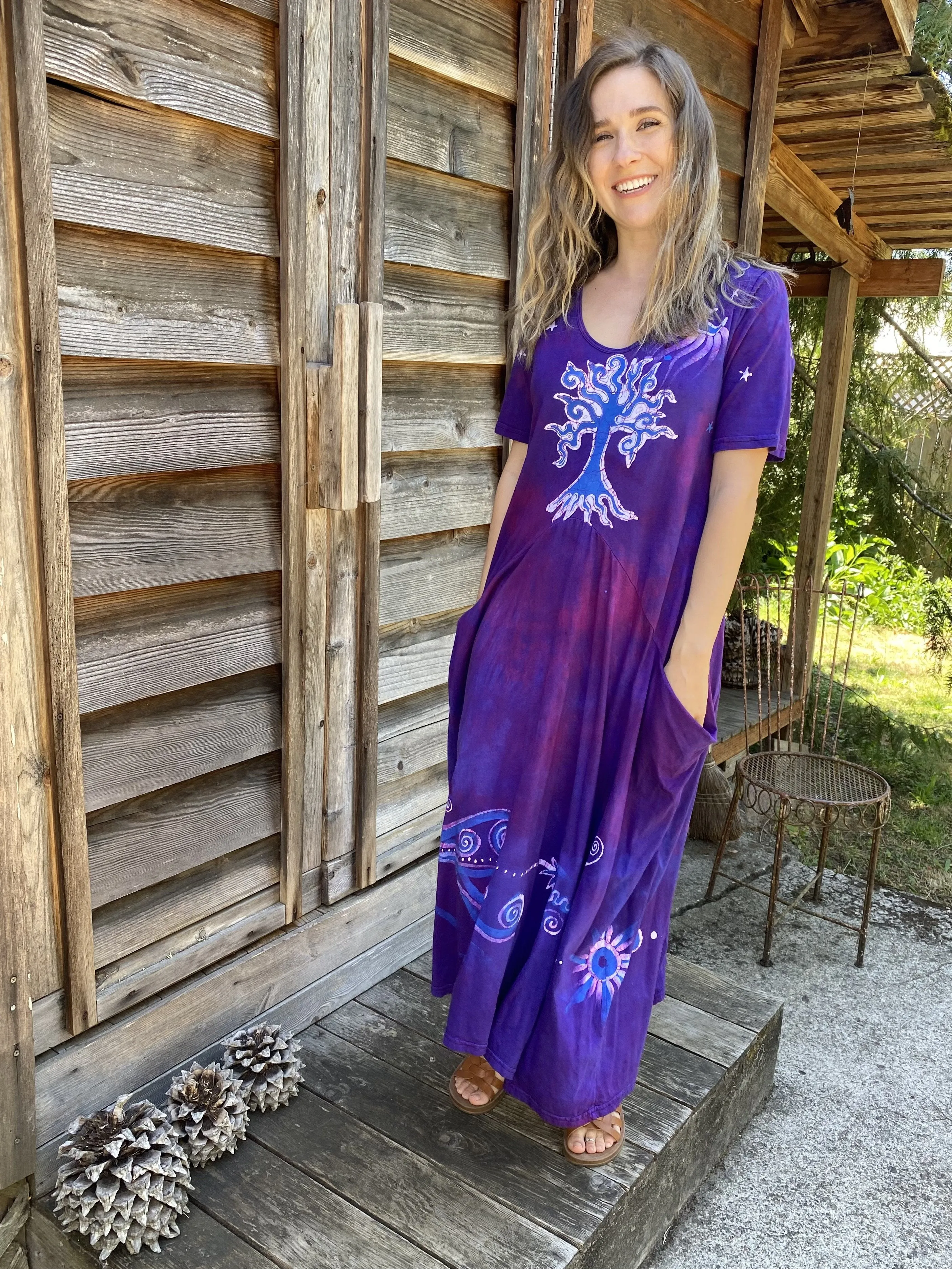 Violets and Tree - Short Sleeve Batik Dress in Magenta