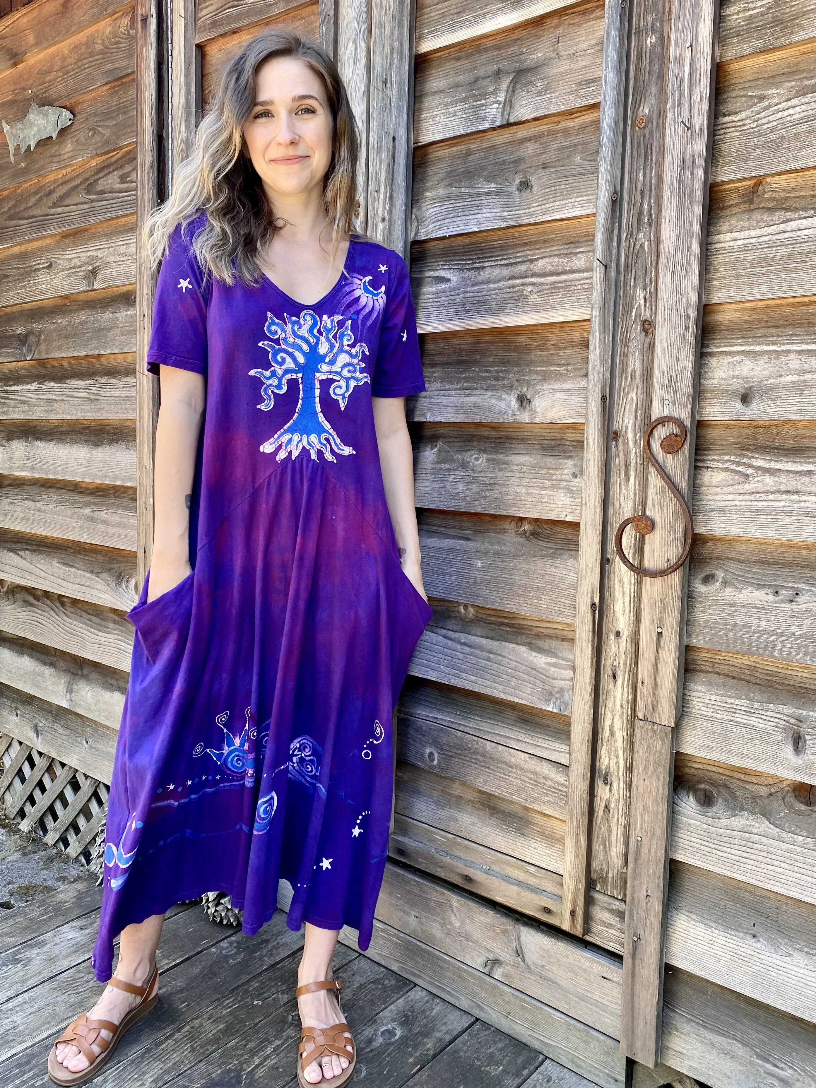 Violets and Tree - Short Sleeve Batik Dress in Magenta