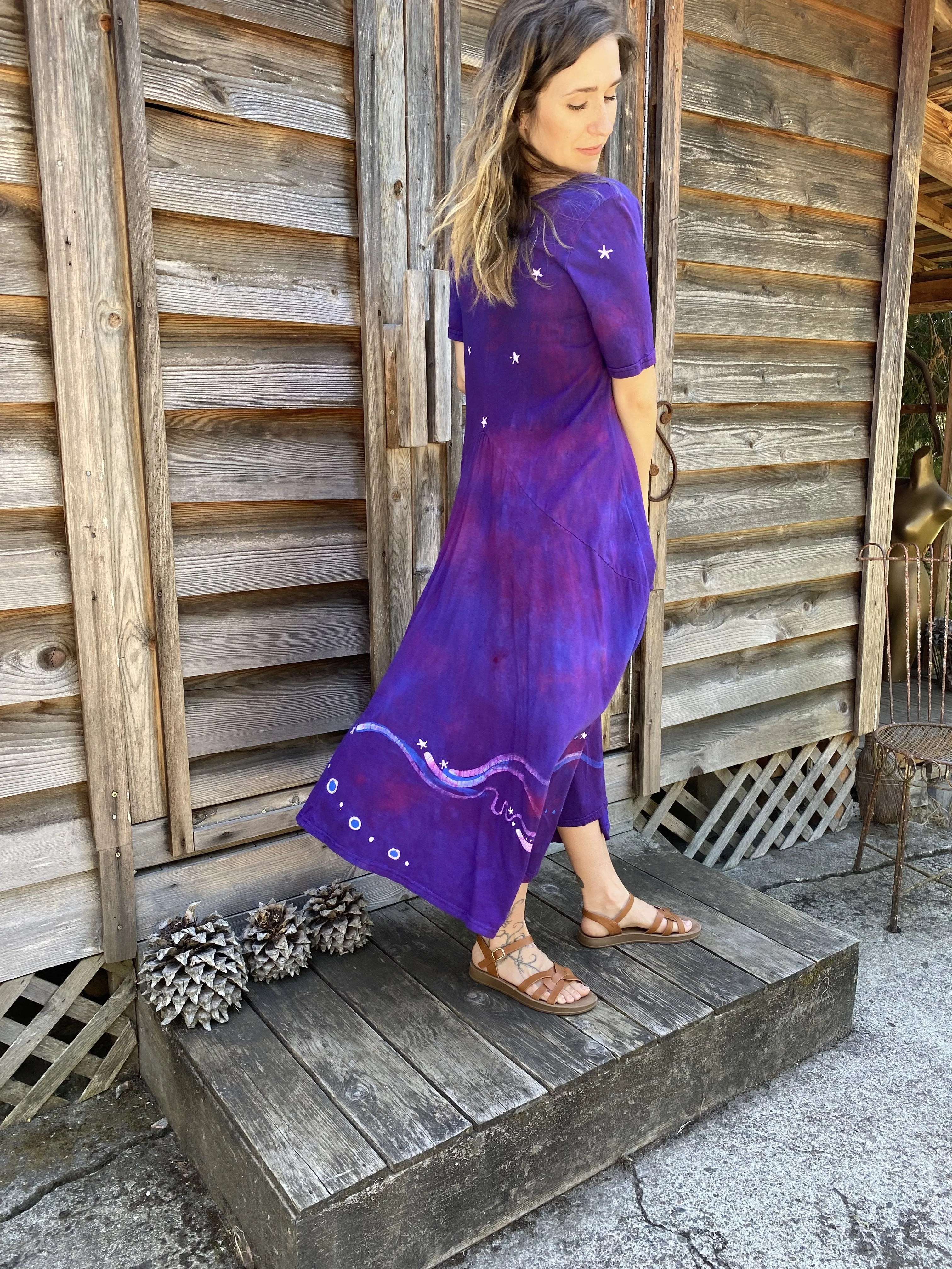 Violets and Tree - Short Sleeve Batik Dress in Magenta