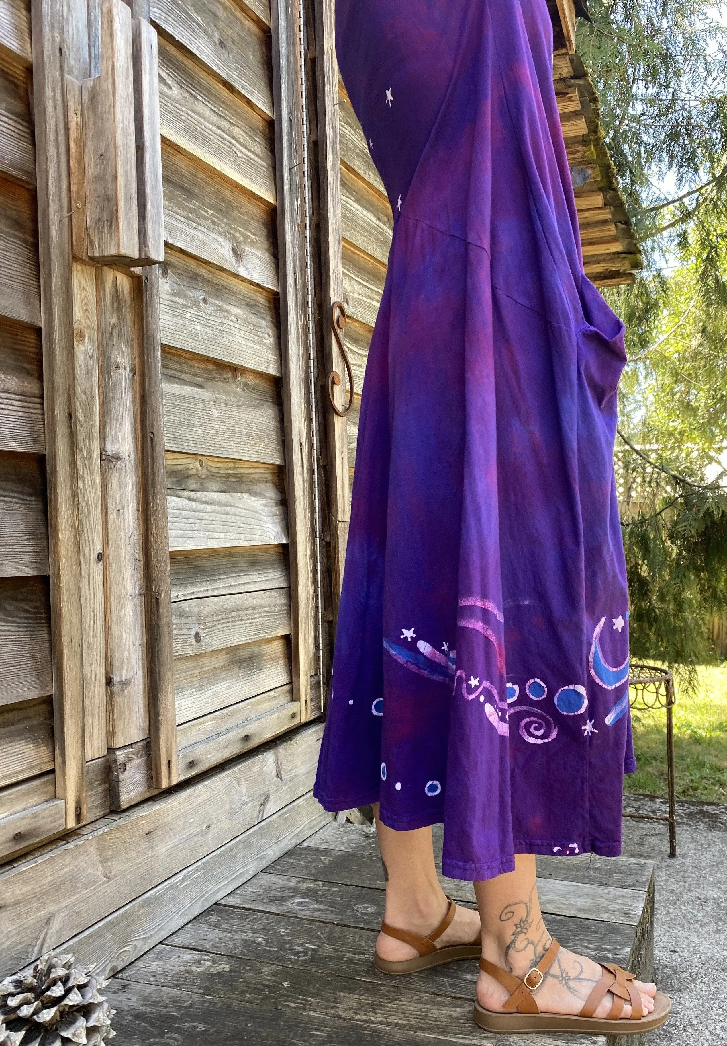 Violets and Tree - Short Sleeve Batik Dress in Magenta