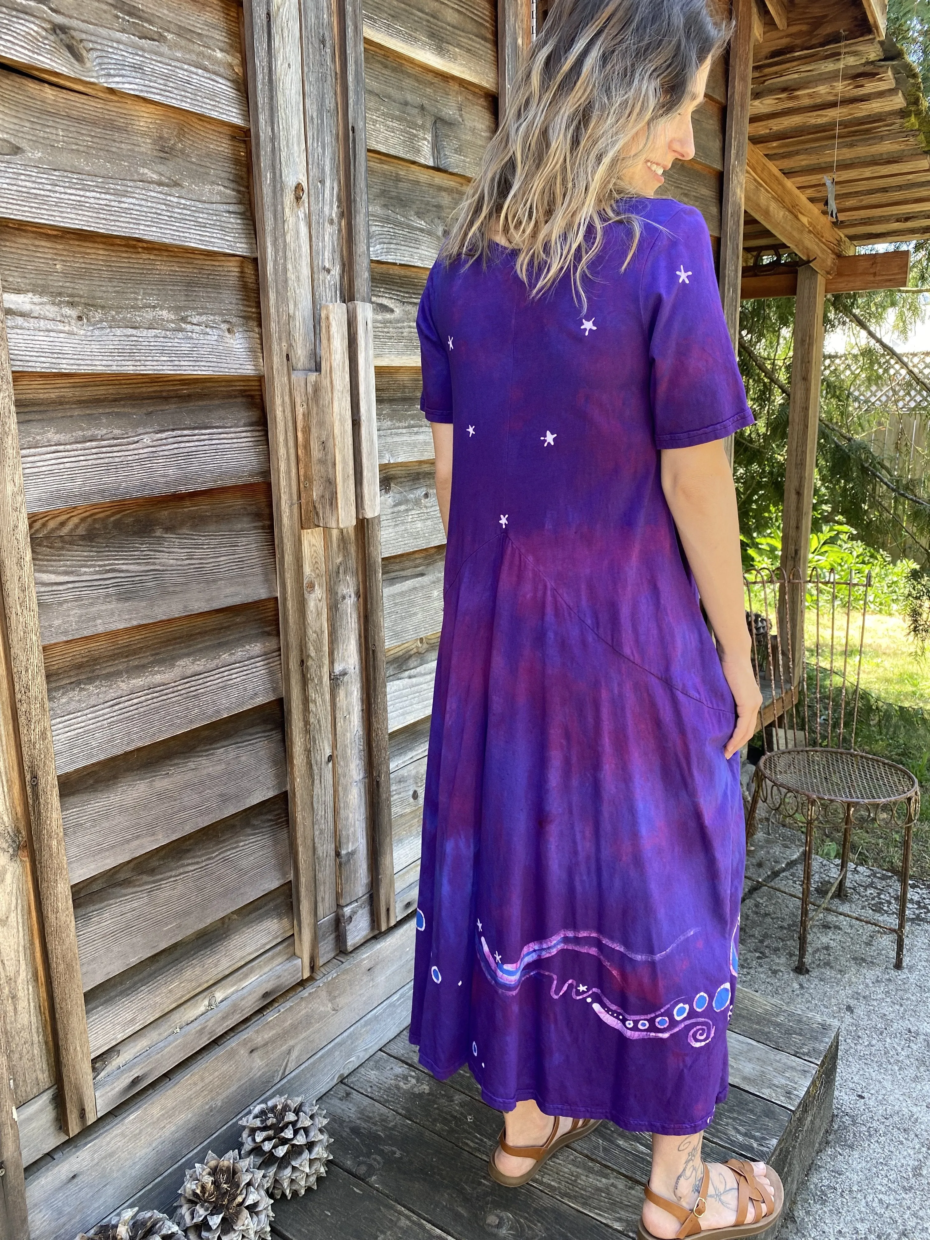 Violets and Tree - Short Sleeve Batik Dress in Magenta