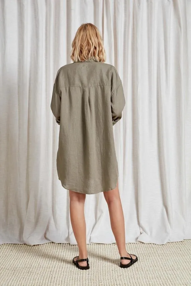 (W) Hampton L/S Linen Shirt Dress in Olive