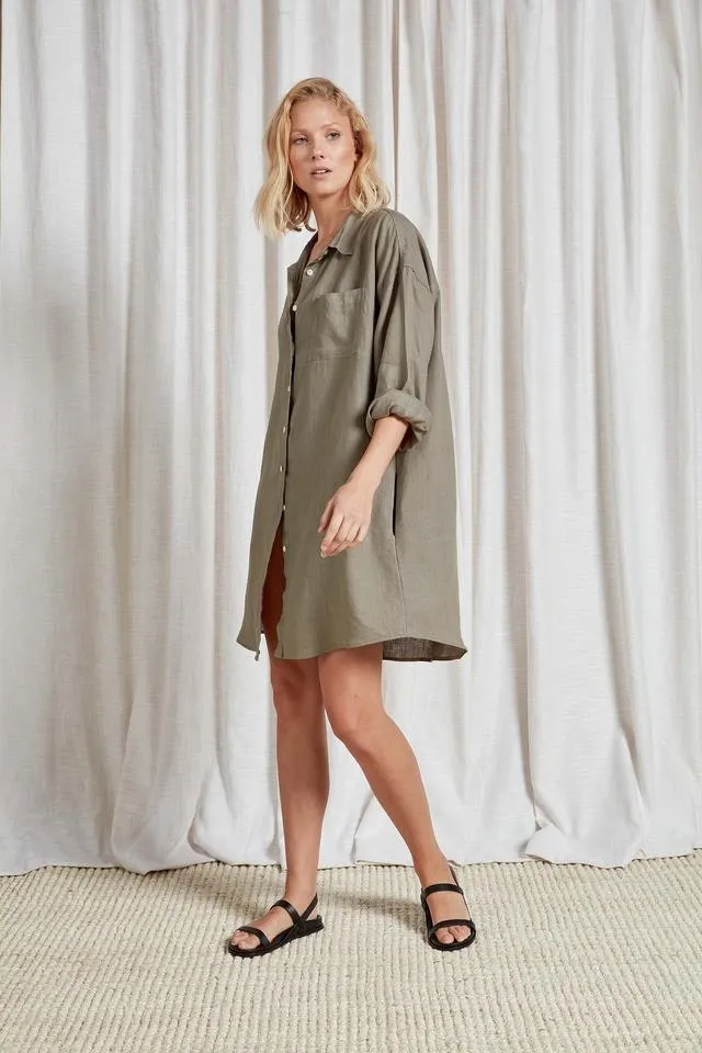 (W) Hampton L/S Linen Shirt Dress in Olive