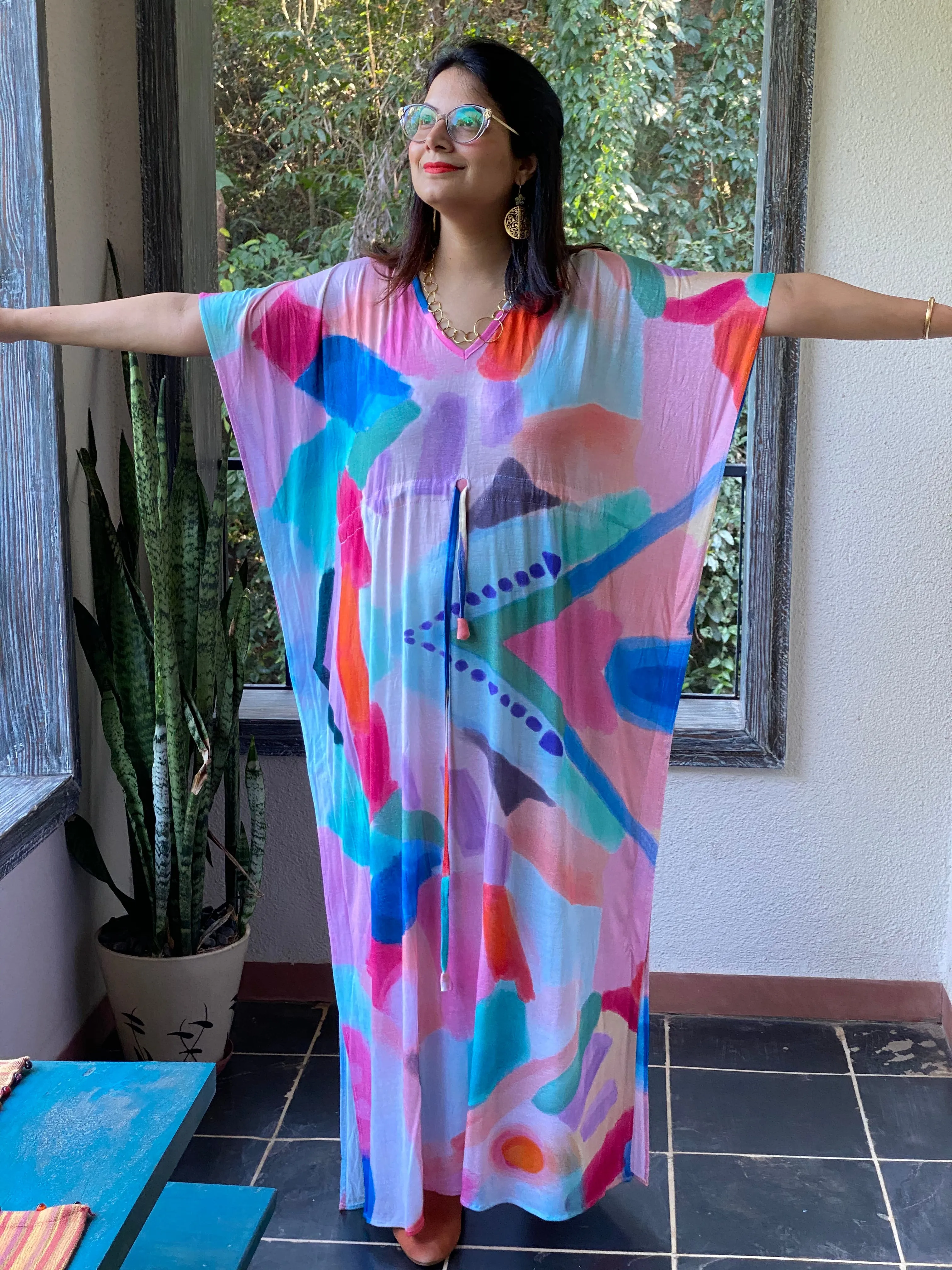 Whimsy Strokes "Timeless" Style Caftan | Soft Jersey Knit Organic Cotton | Perfect Loungewear House Dress