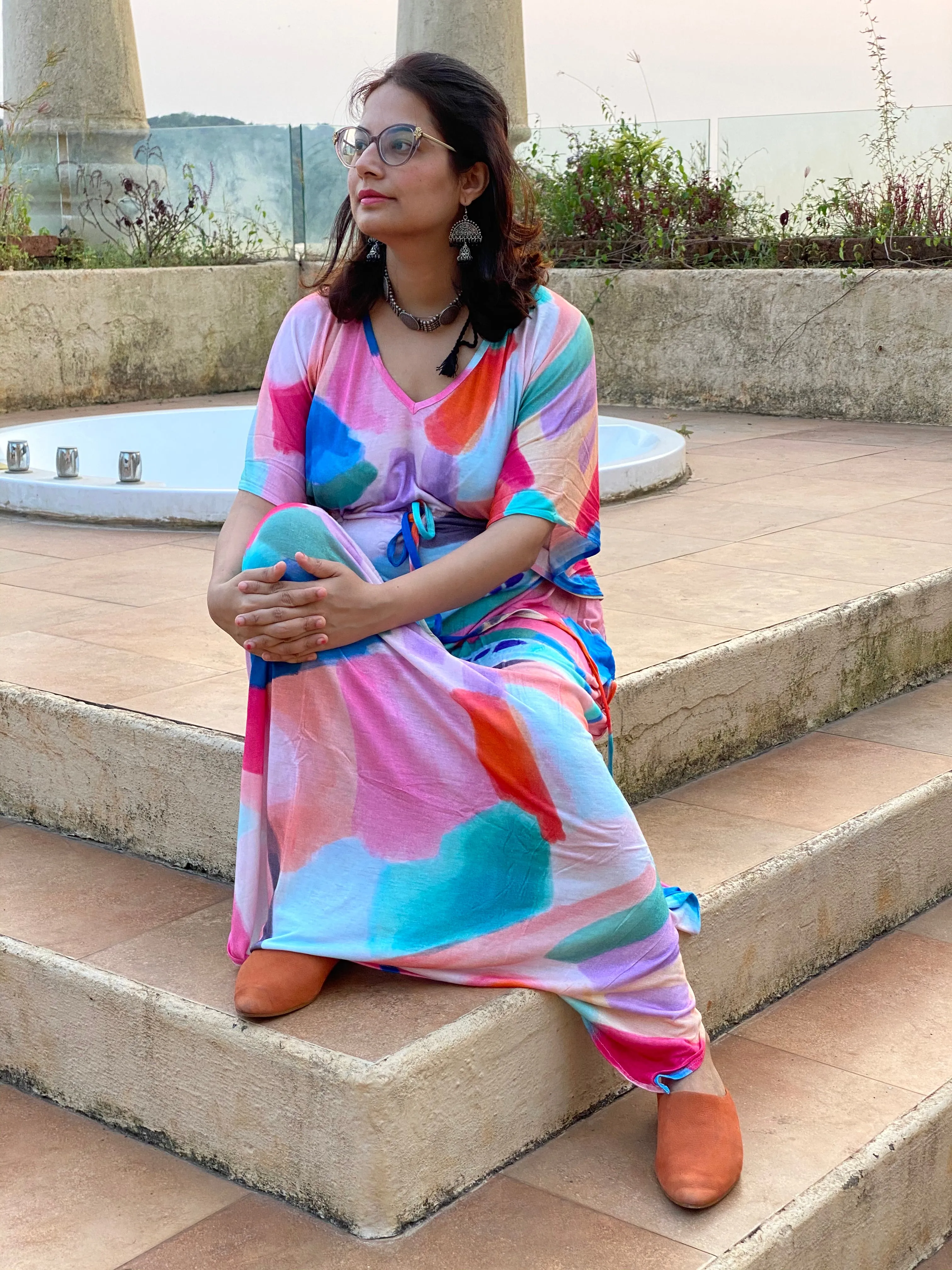 Whimsy Strokes "Timeless" Style Caftan | Soft Jersey Knit Organic Cotton | Perfect Loungewear House Dress