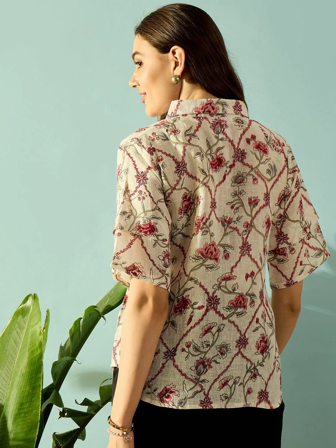 White and Red Antique Floral Linen Button Down Shirt