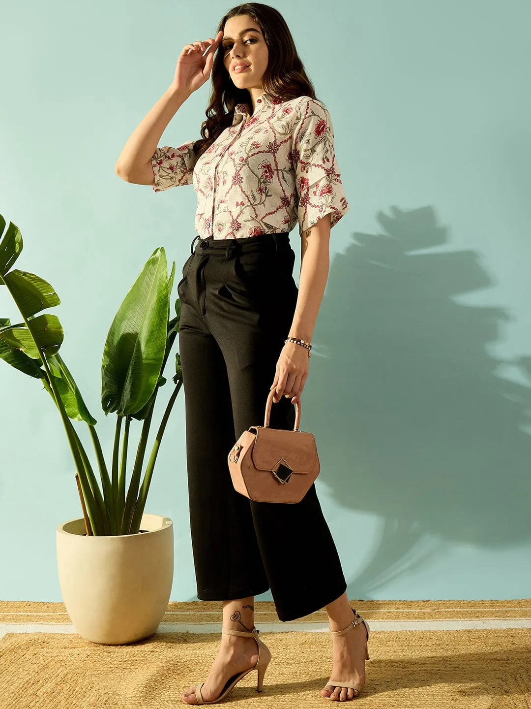 White and Red Antique Floral Linen Button Down Shirt