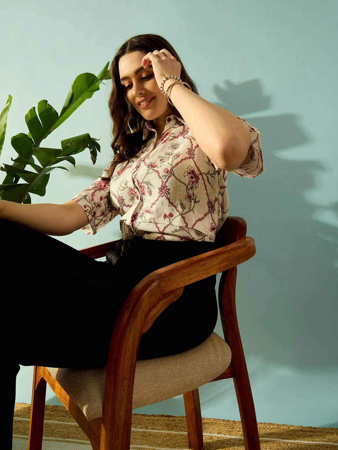 White and Red Antique Floral Linen Button Down Shirt