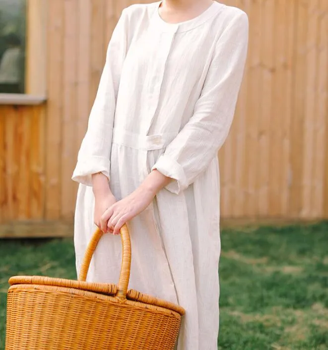 White Linen Women Dress Long Sleeve Women Linen Shirts Dresses With Buttons S90921