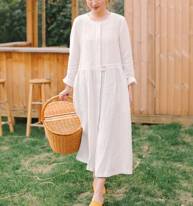 White Linen Women Dress Long Sleeve Women Linen Shirts Dresses With Buttons S90921