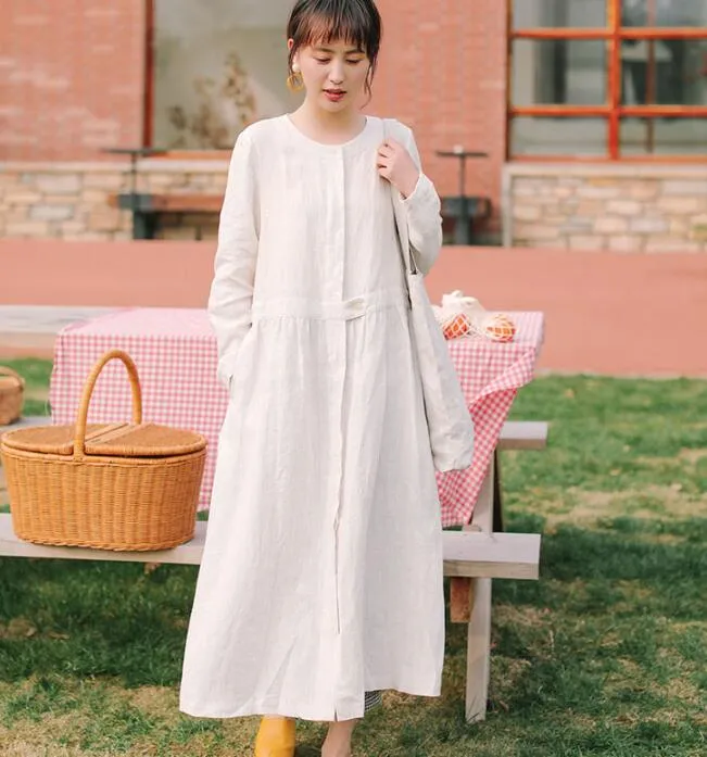 White Linen Women Dress Long Sleeve Women Linen Shirts Dresses With Buttons S90921