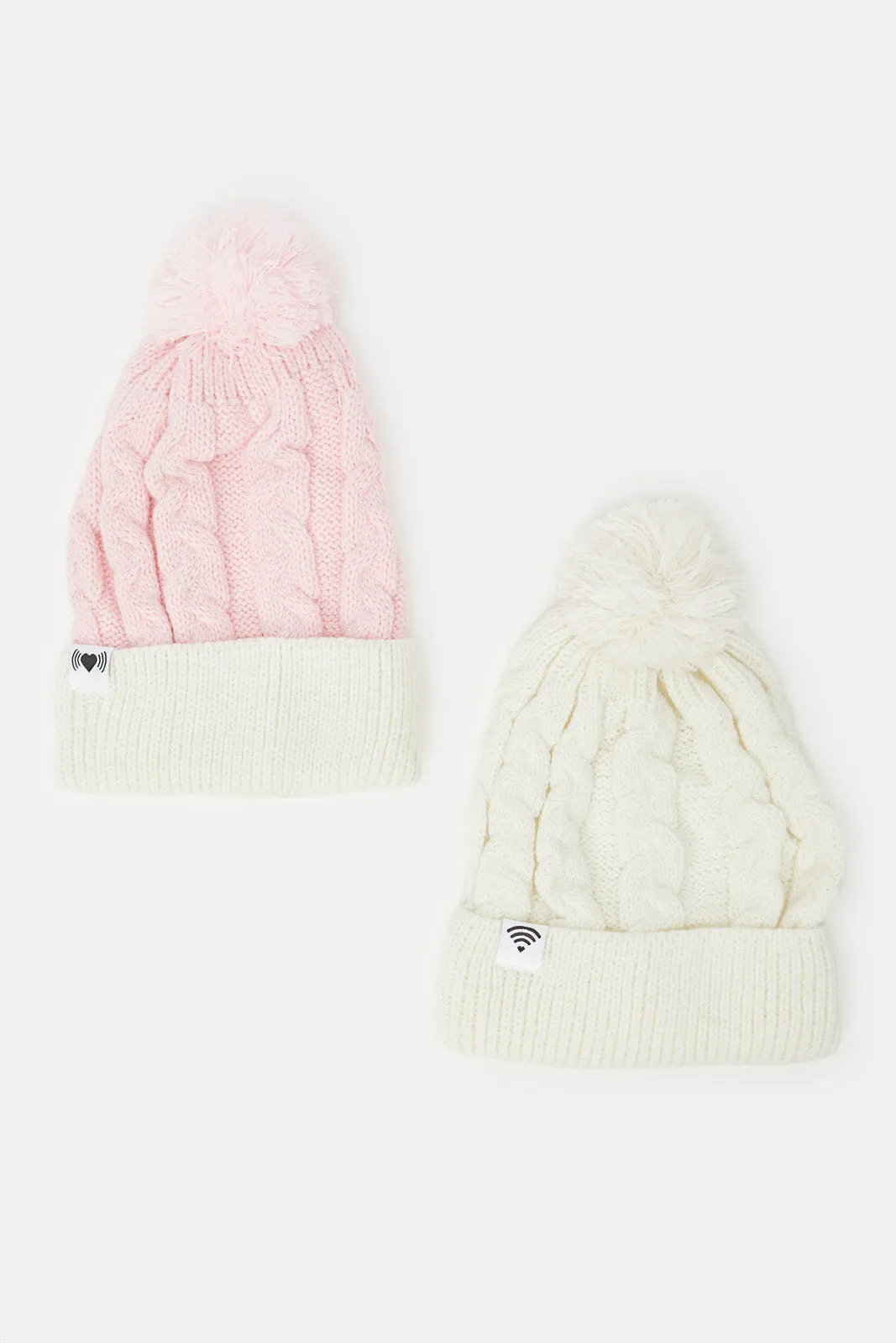 Women Pink And Beige Embellished Knitted Cap (Pack of 2)