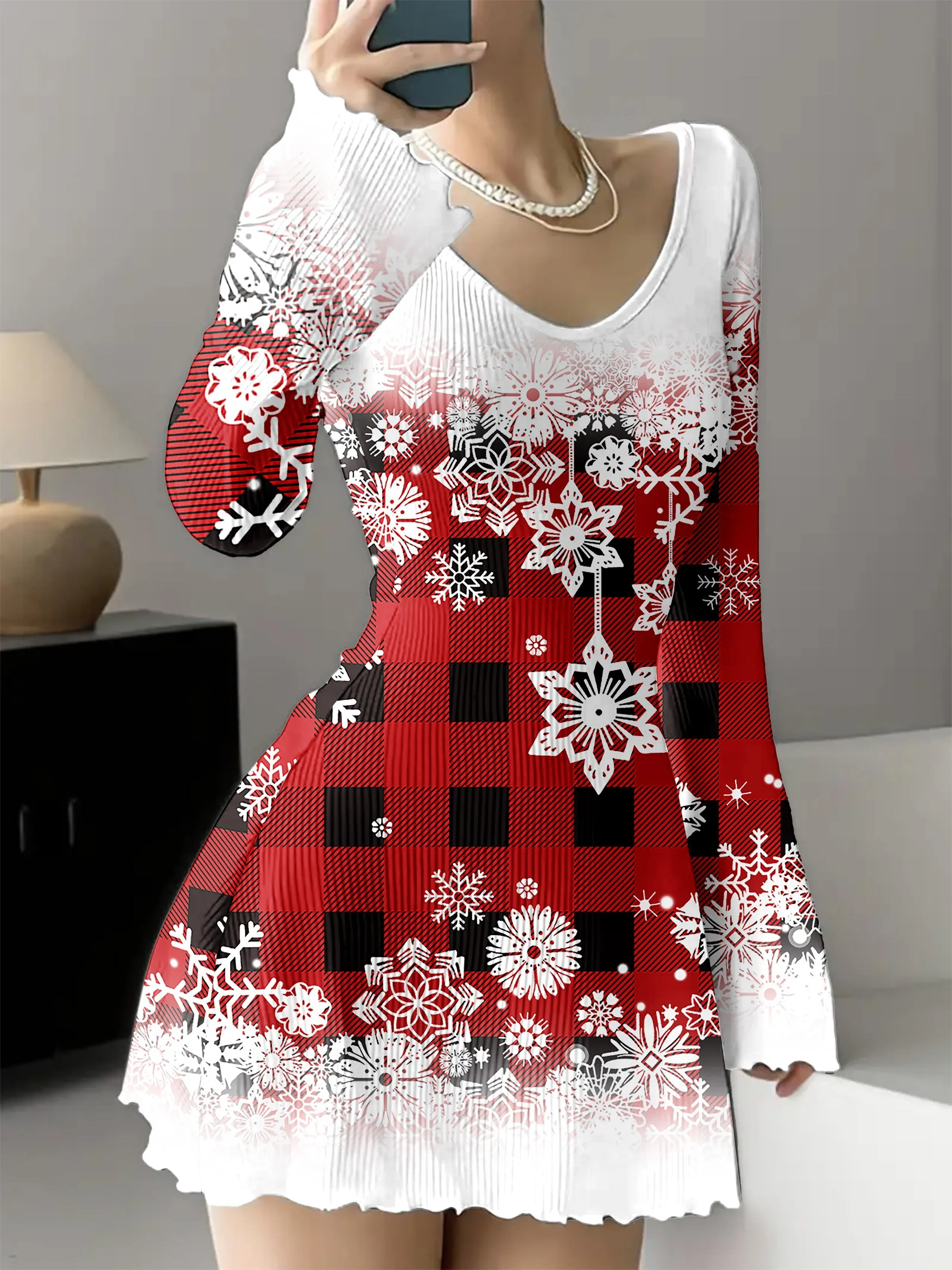 Women's Christmas Plaid Snowflake Print Dress, V-Neck, Long Sleeve, A-Line, Short Length, Polyester Knit Fabric, No Pads, Asymmetrical Hem, Fashionable Holiday Outfit