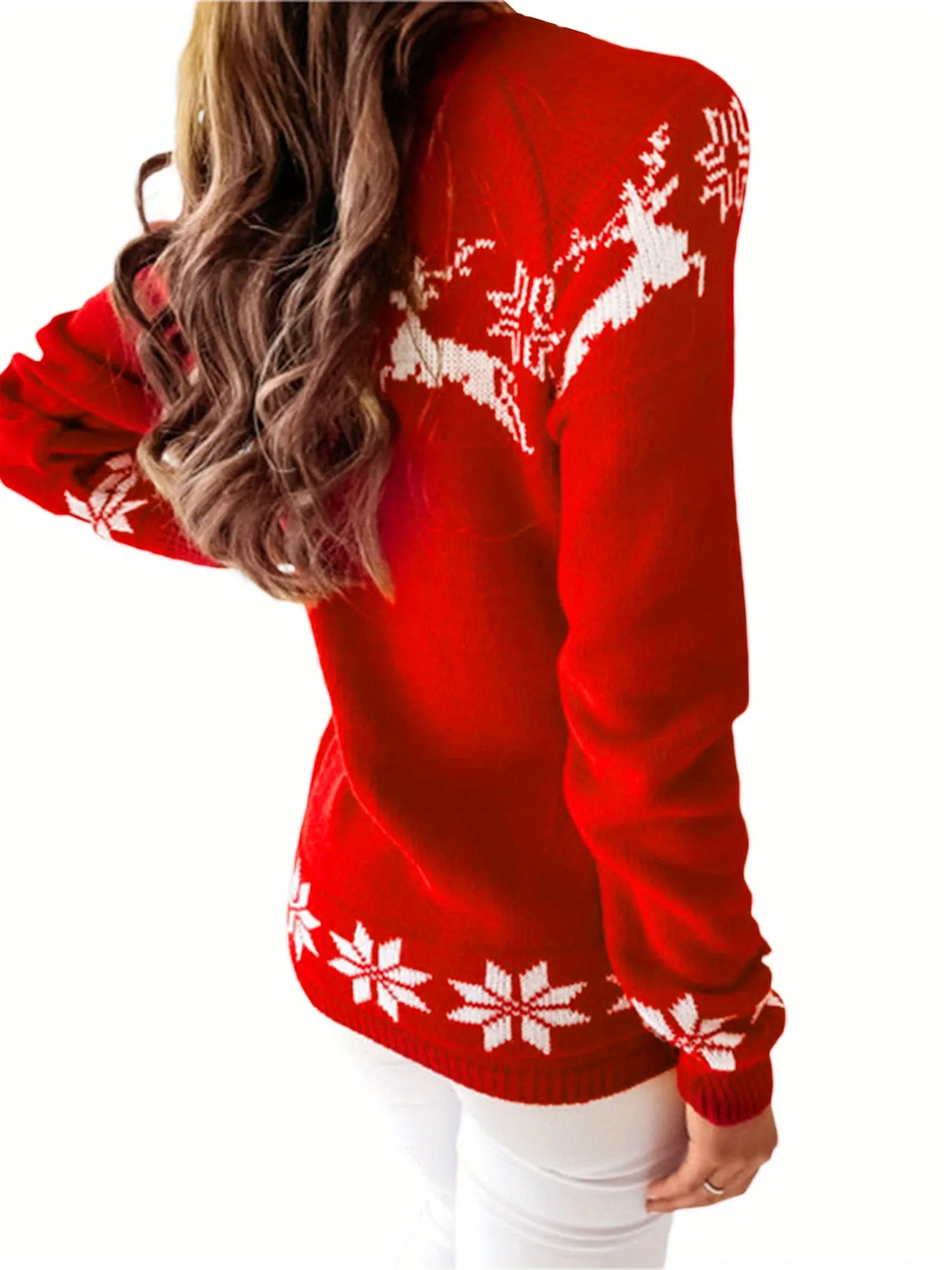 Women's Christmas Round Neck Sweaters, Long Sleeve Elk Snowflake Print Loose Knit Tops