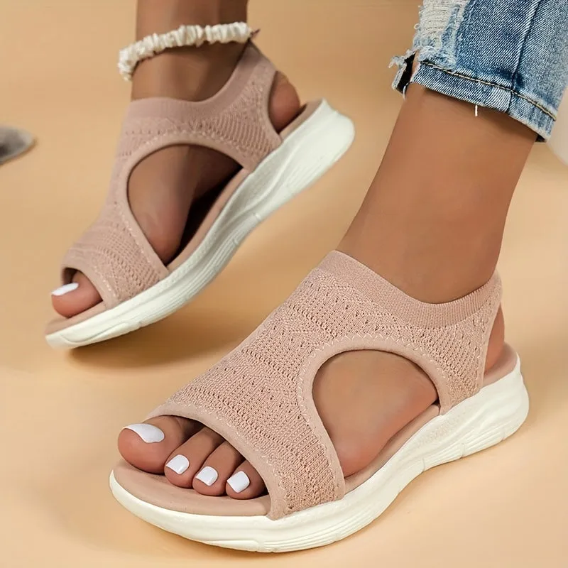 Women's Comfortable Slip-On Sandals - Breathable Knit, Open Toe, Low Heel With Durable Rubber Sole