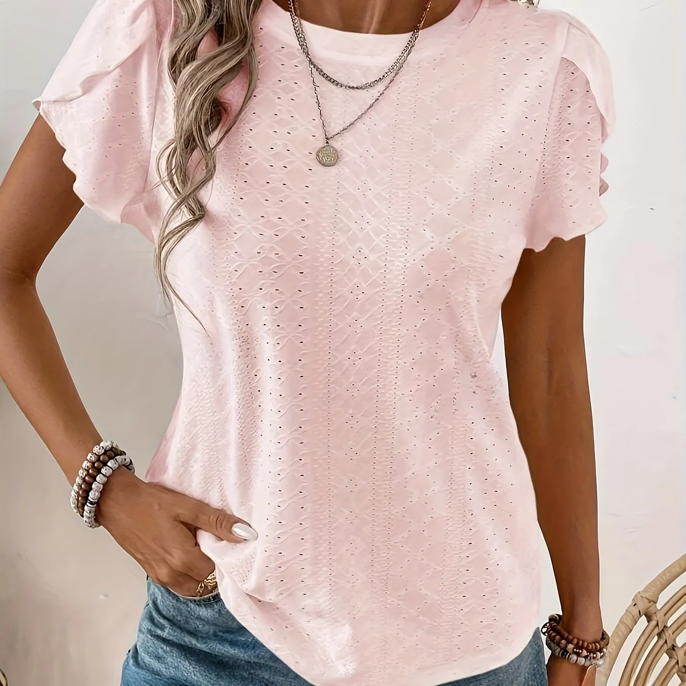 Womens Elegant Solid Crew Neck Micro Elastic T-Shirt - Soft Polyester Knit Fabric, Semi-Sheer, Regular Length, Perfect for Spring, Summer, and Fall - Classic Petal Sleeve Top for Ladies