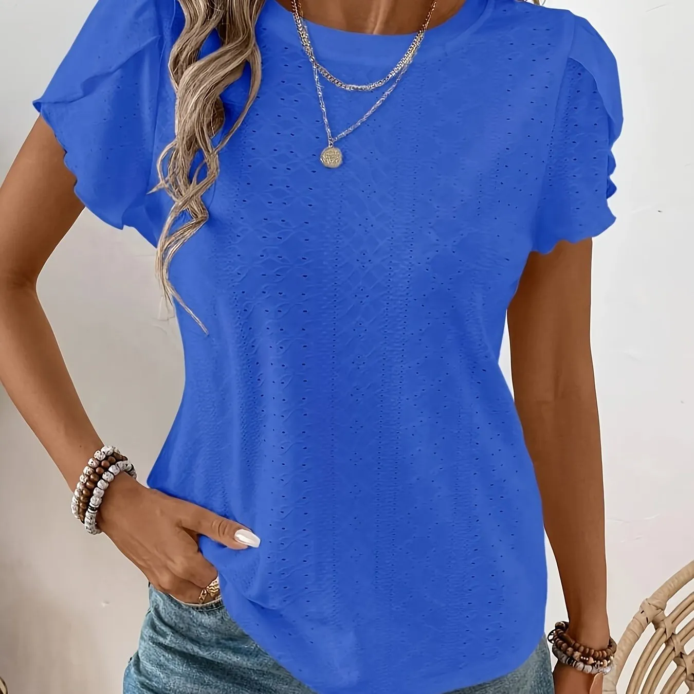 Womens Elegant Solid Crew Neck Micro Elastic T-Shirt - Soft Polyester Knit Fabric, Semi-Sheer, Regular Length, Perfect for Spring, Summer, and Fall - Classic Petal Sleeve Top for Ladies