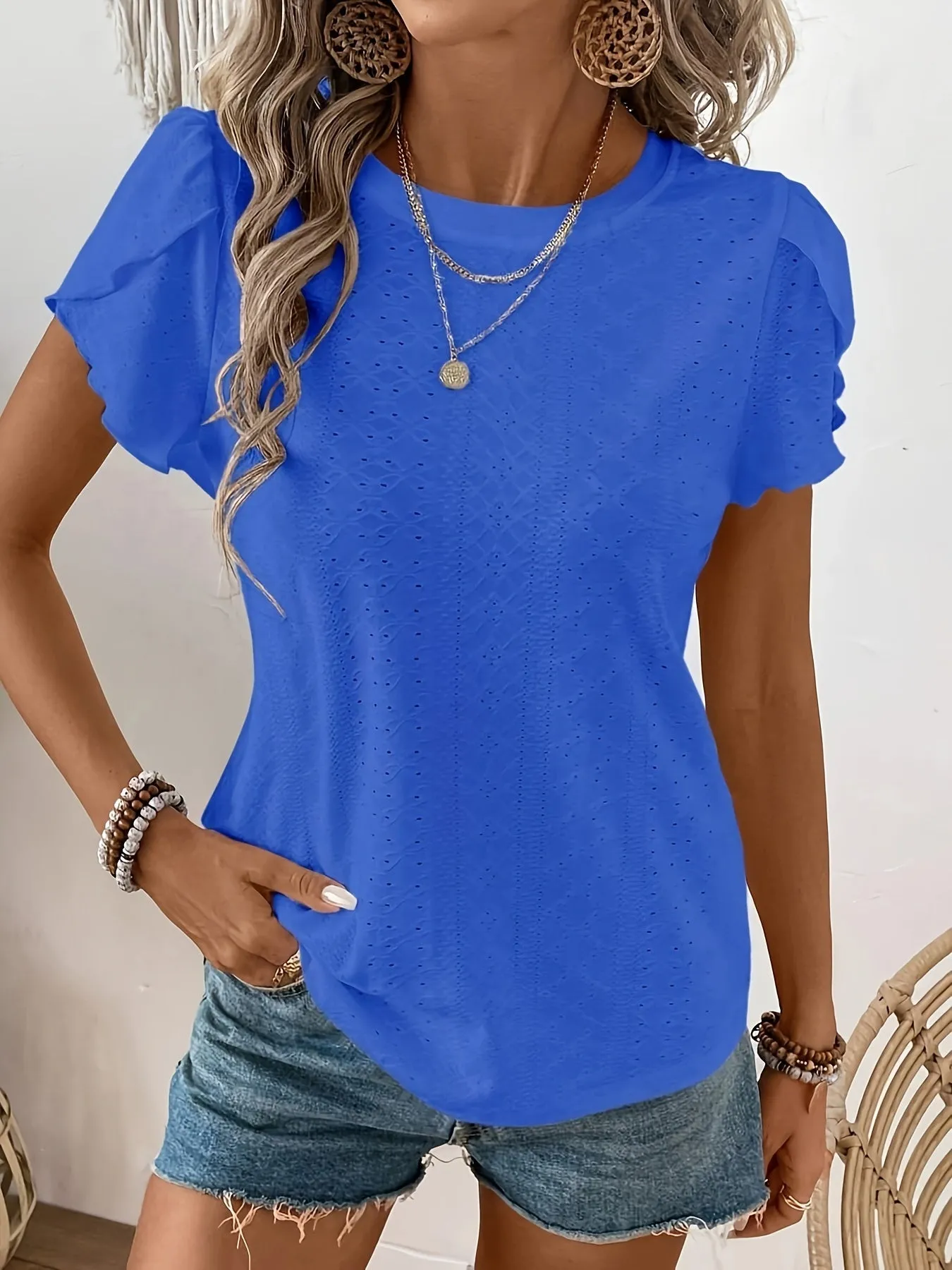 Womens Elegant Solid Crew Neck Micro Elastic T-Shirt - Soft Polyester Knit Fabric, Semi-Sheer, Regular Length, Perfect for Spring, Summer, and Fall - Classic Petal Sleeve Top for Ladies