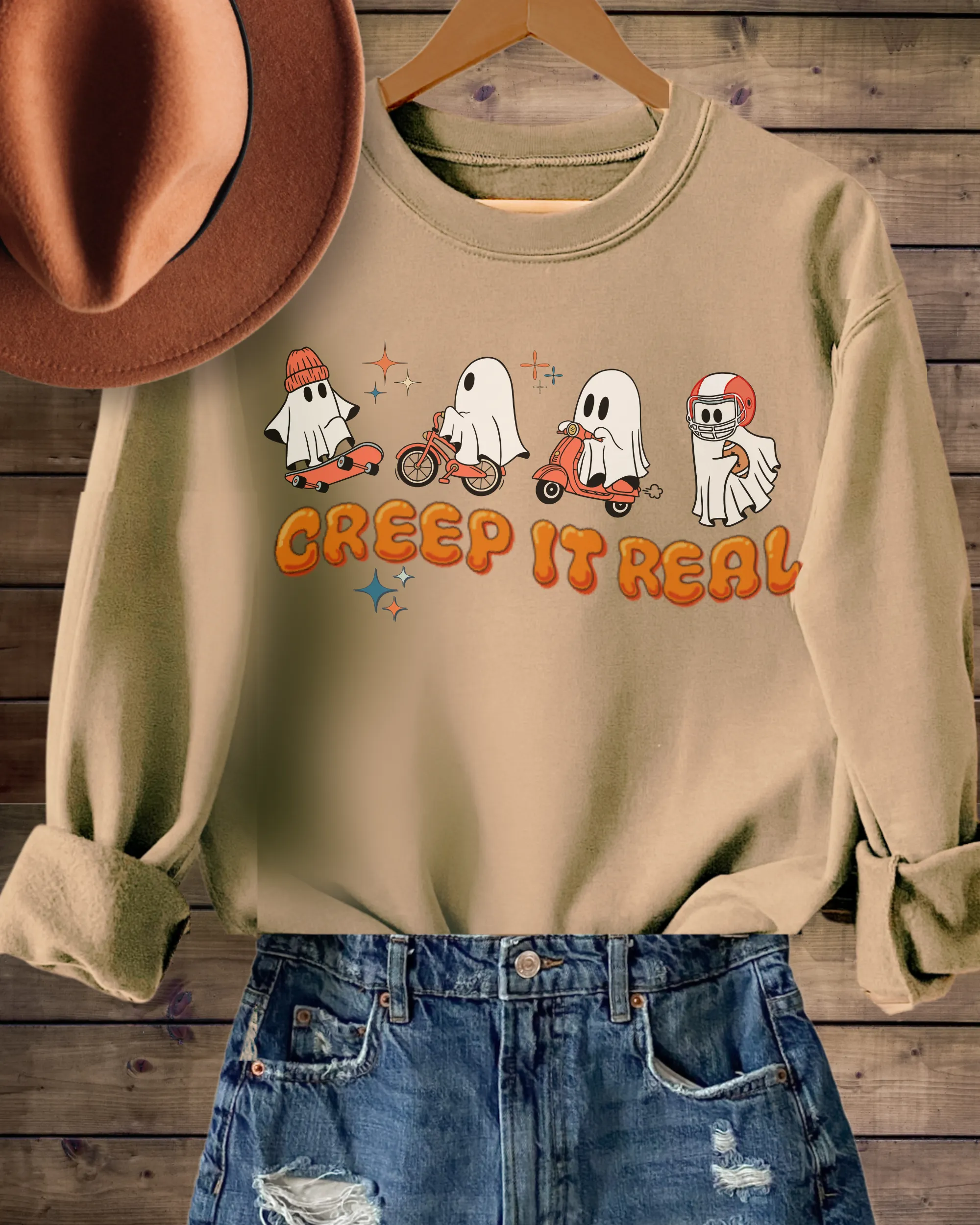 Women's Halloween Crewneck Sweatshirt Funny Sports Ghosts Black, Dark Heather, Ash, Sand, White, Orange, Gold