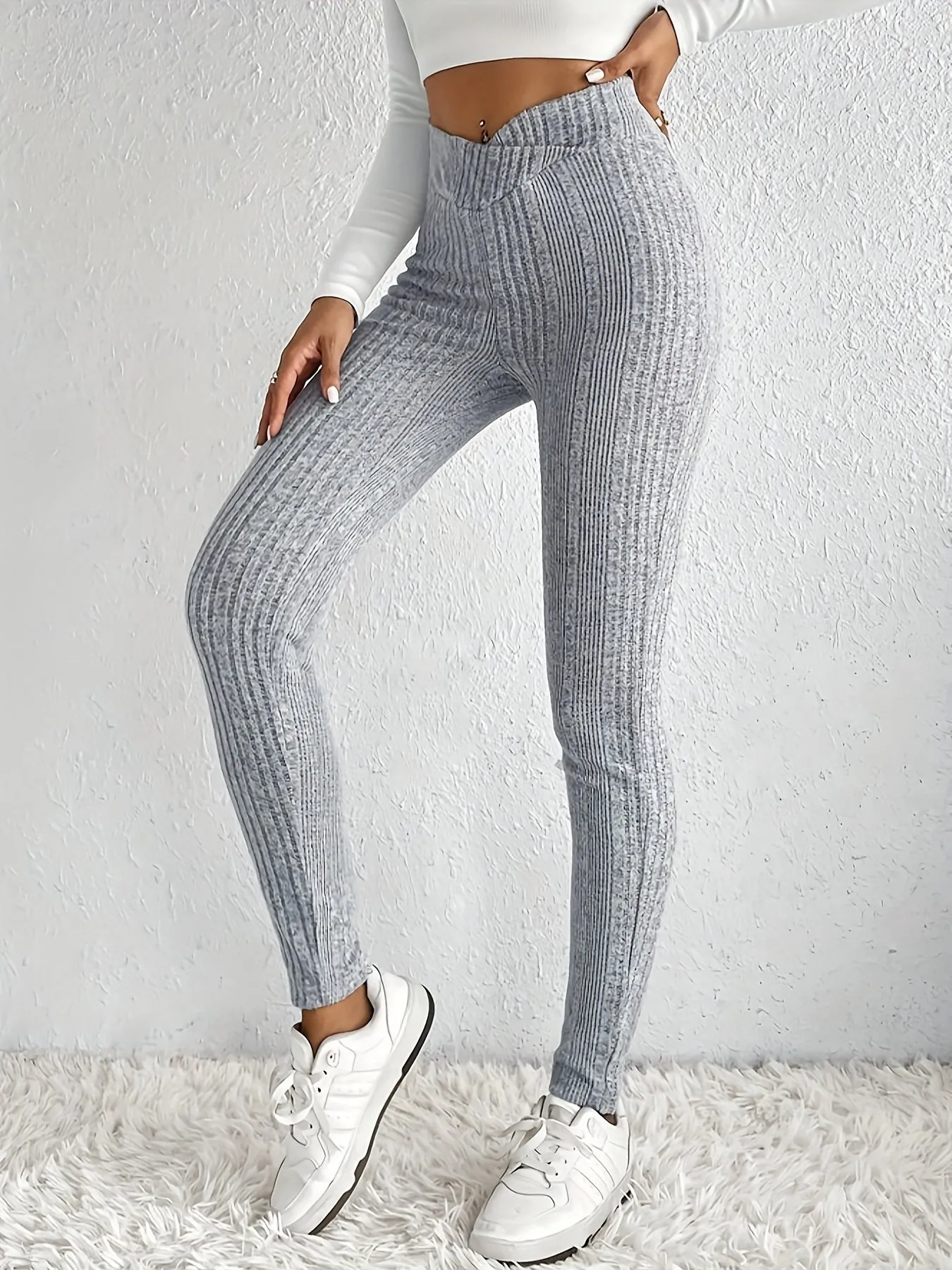 Womens Solid Rib Knit Skinny Pants - Crisscross Waist Design for a Flattering Fit - Comfortable Casual Daily Wear