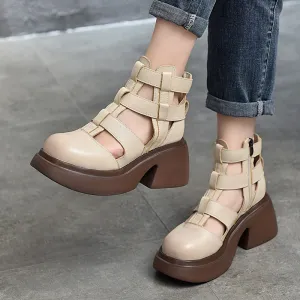 Woven Leather Platform Gladiator Sandals with Side Zipper in Beige/Black/Grey/Brown