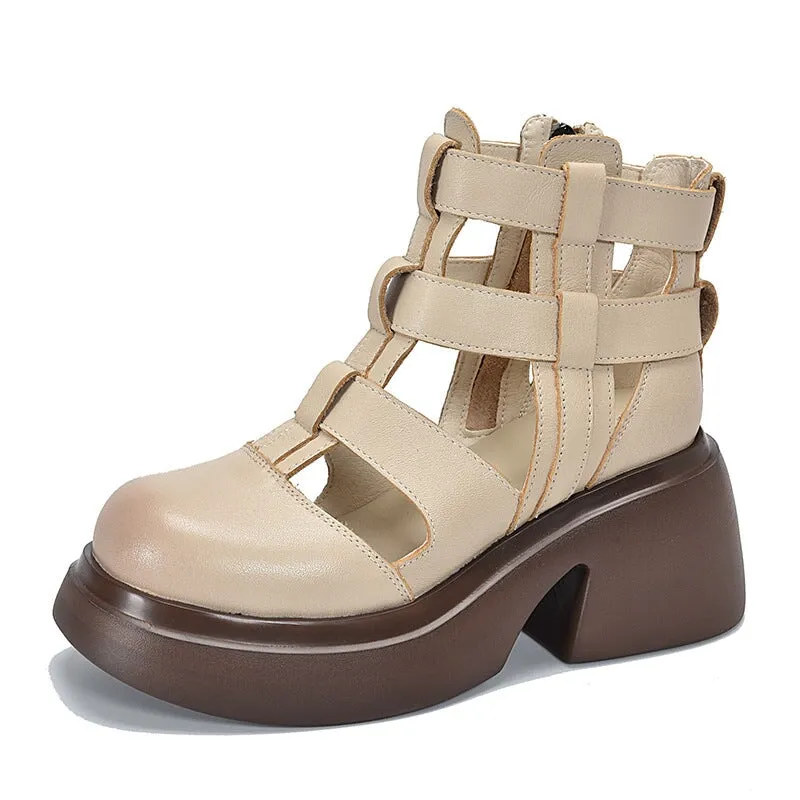 Woven Leather Platform Gladiator Sandals with Side Zipper in Beige/Black/Grey/Brown