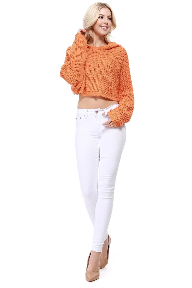 YEMAK Women Bat Wing Sleeve Crop Waffle Knit Summer Hoodie Top KC007 (S/M-M/L)