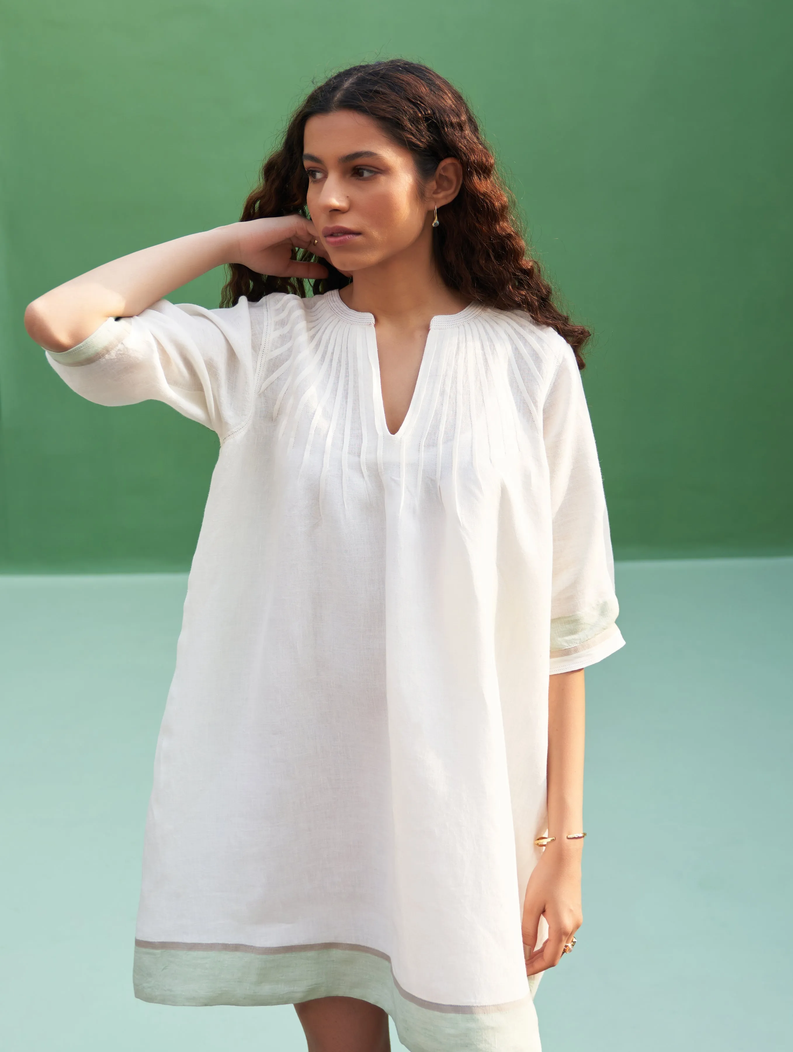 Yima Border Linen Dress - Ivory