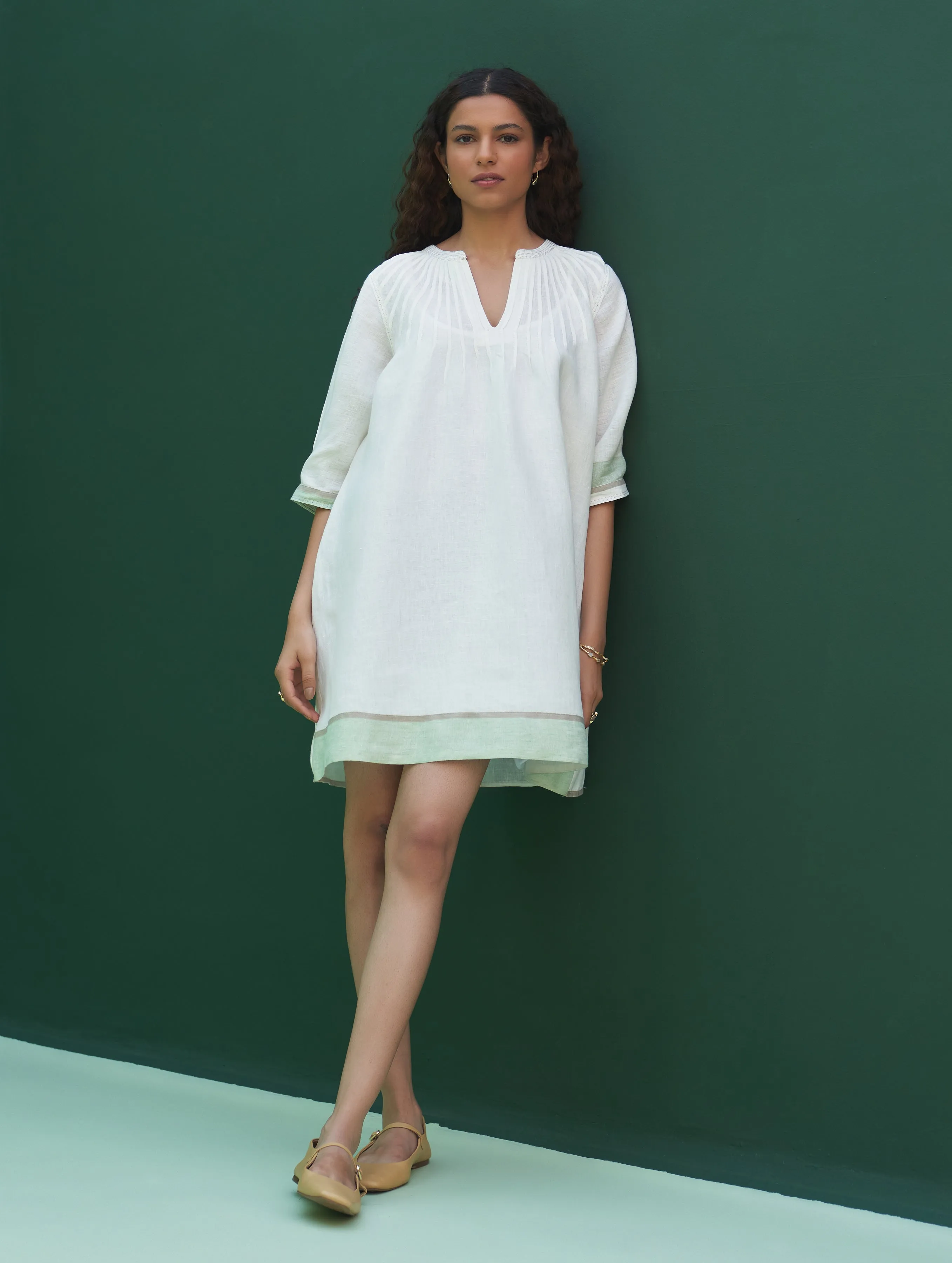 Yima Border Linen Dress - Ivory